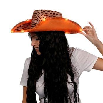 LED Flashing Cowboy Hat with Orange Sequins Light Up LED Cowboy Hats