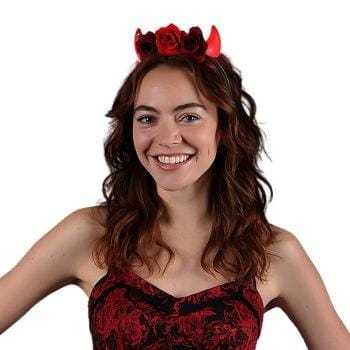 Red Light Up LED Devil Horns with Red Roses Flower Crown Headband All Products