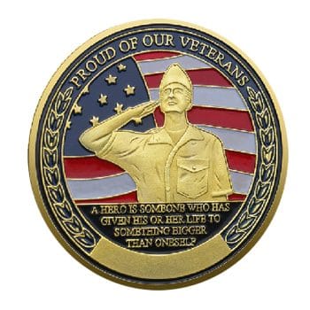 Gold Plated Veterans Tribute Challenge Coin Saluting Soldier and USA Flag Design All Products