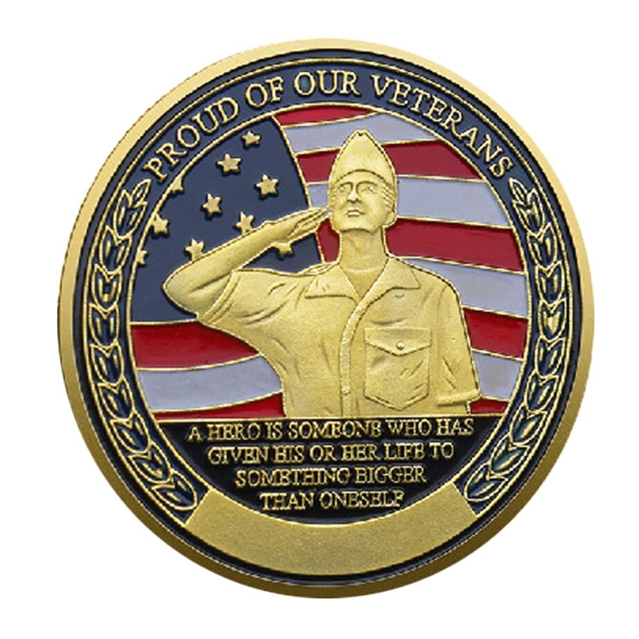 Gold Plated Veterans Tribute Challenge Coin Saluting Soldier and USA Flag Design All Products 3