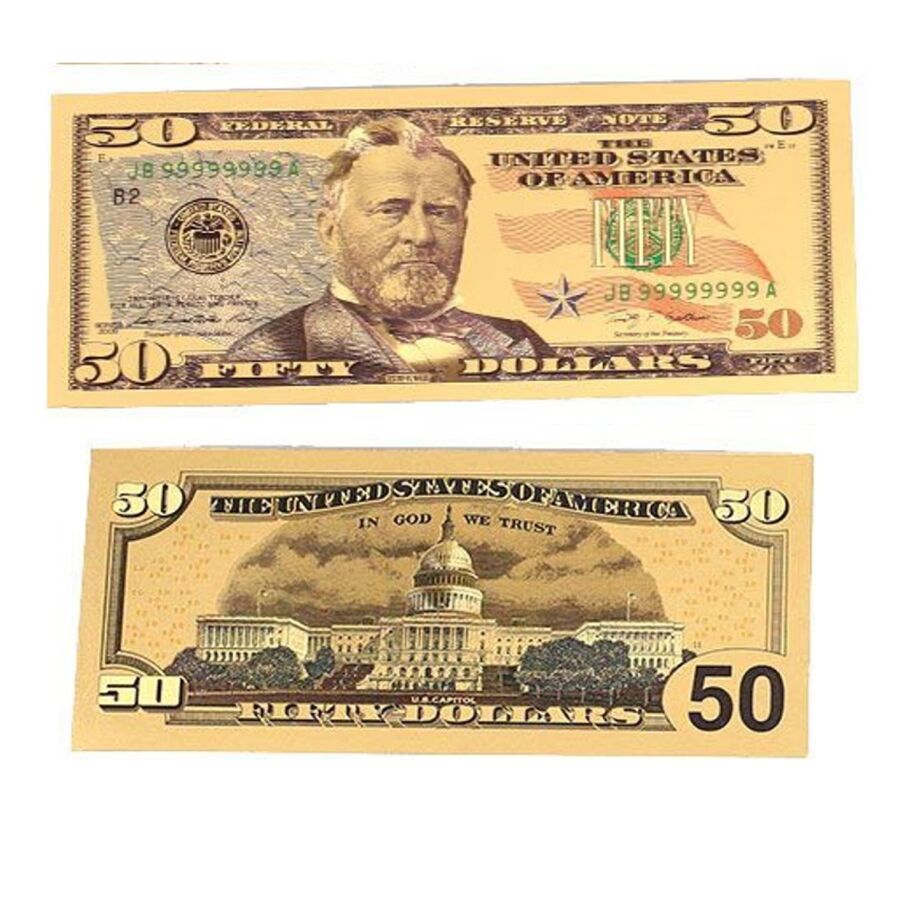 50 American Dollar Bill 24k Gold Art Collectibles Plated Fake Banknote Currency for Decoration 24K Gold and Silver Plated Replica Bills 3