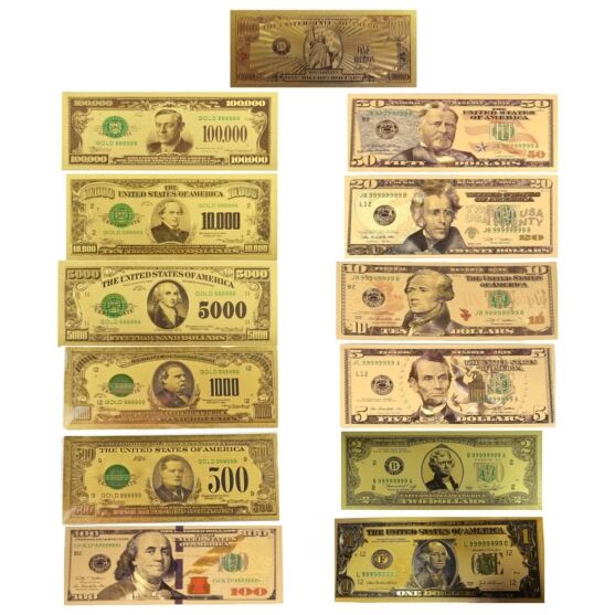 Mega Max 24K Gold Plated US Dollar Fake Banknotes Set of 13 Timeless Collection Protector Sold Separately 24K Gold and Silver Plated Replica Bills Mega Max 24K Gold Plated US Dollar Fake Banknotes Set of 13 Timeless Collection Protector Sold Separately 24K Gold and Silver Plated Replica Bills 3