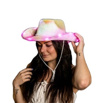 Light Up Glorious Luminous White Sheen Metallic Space Cowgirl Hat with Pink LEDs All Products 3