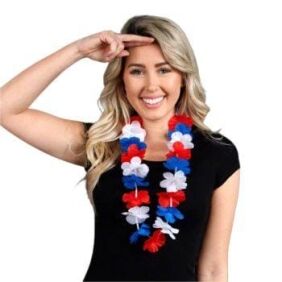 Hawaiian Flower Lei Necklace Red White and Blue Non-Light Up Fun Hawaiian Flower Lei Necklace Red White and Blue Non-Light Up Fun