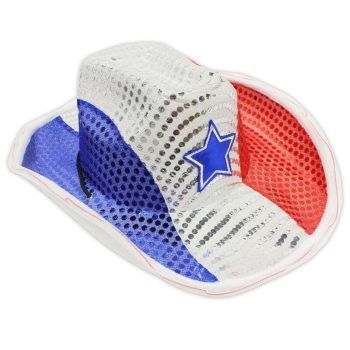 Flashing Cowboy Hat with Red White and Blue Sequins Light Up LED Cowboy Hats Flashing Cowboy Hat with Red White and Blue Sequins Light Up LED Cowboy Hats