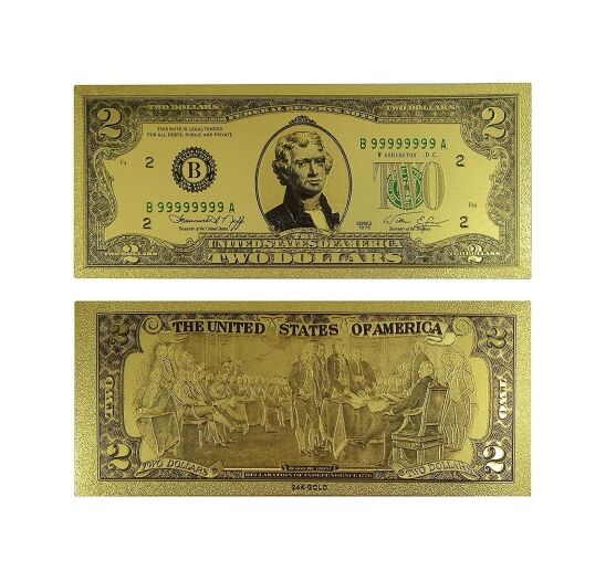 2 Dollar Commemorative Collectible Premium Replica Paper Money Bill 24k Gold Plated Fake Currency Banknote Art Holiday Decoration 24K Gold and Silver Plated Replica Bills 3