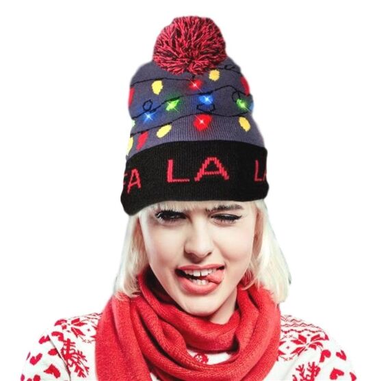 Light Up Fa La La Knit Red Black Pom Pom Beanie Hat Pack of 6 All Products Light Up Fa La La Knit Red Black Pom Pom Beanie Hat Pack of 6 All Products 3