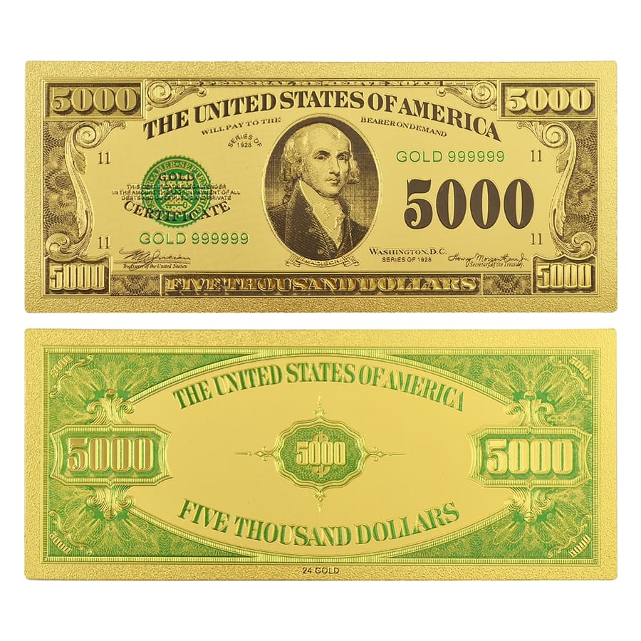 Five Thousand US Dollars 24K Gold Plated Collectible Fake Banknotes for Decoration 24K Gold and Silver Plated Replica Bills Five Thousand US Dollars 24K Gold Plated Collectible Fake Banknotes for Decoration 24K Gold and Silver Plated Replica Bills 5