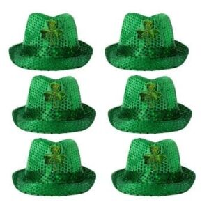 Pack of 6 LED Flashing Fedora Hat with Green Shamrock Sequins All Products