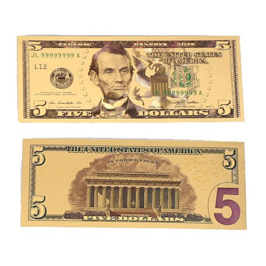 5 Dollar Commemorative Collectible Premium Replica Paper Money Bill 24k Gold Plated Fake Currency Banknote Art Holiday Decoration 24K Gold and Silver Plated Replica Bills 5 Dollar Commemorative Collectible Premium Replica Paper Money Bill 24k Gold Plated Fake Currency Banknote Art Holiday Decoration 24K Gold and Silver Plated Replica Bills 3