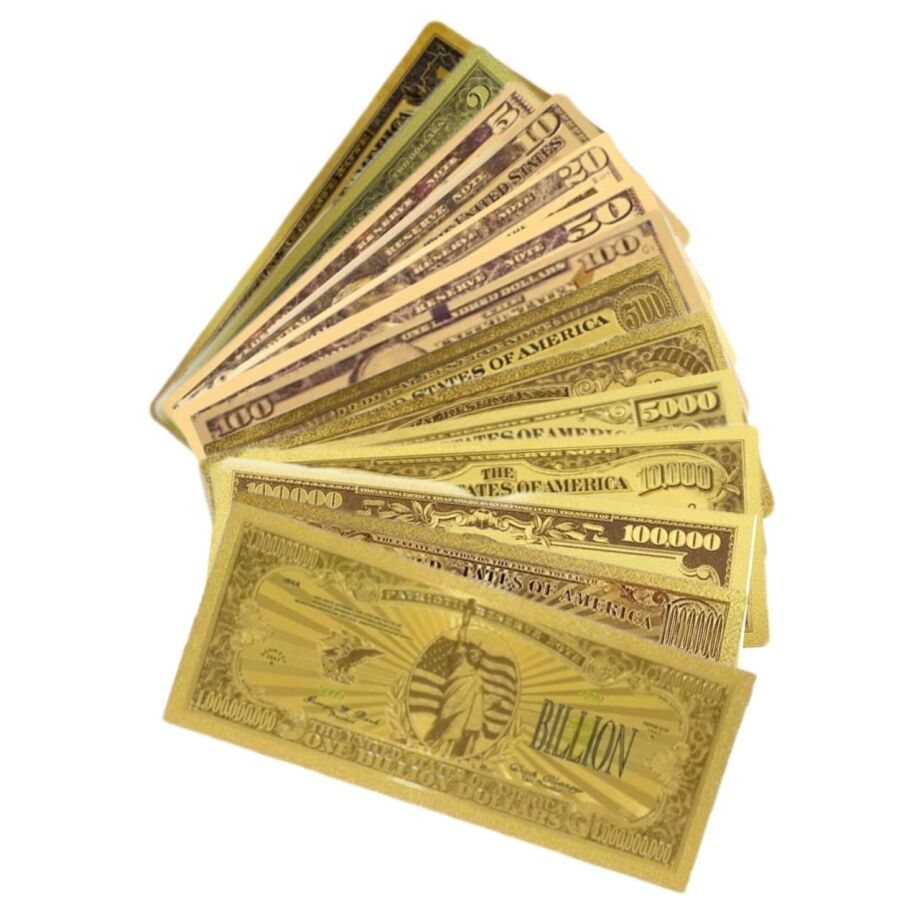 Set of 14 Commemorative Mega Billion 24K Gold Plated US Dollar Fake Banknotes Timeless Collection Protector Sold Separately 24K Gold and Silver Plated Replica Bills Set of 14 Commemorative Mega Billion 24K Gold Plated US Dollar Fake Banknotes Timeless Collection Protector Sold Separately 24K Gold and Silver Plated Replica Bills 3