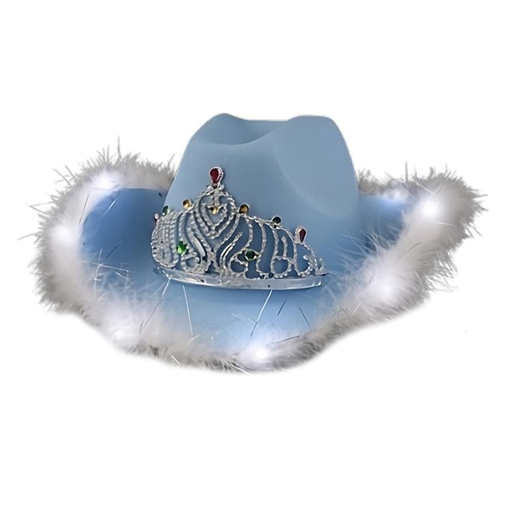 Royal Rodeo LED Velvet Pastel Blue Cowgirl Hat with Feather Brim and Tiara All Products Royal Rodeo LED Velvet Pastel Blue Cowgirl Hat with Feather Brim and Tiara All Products 4
