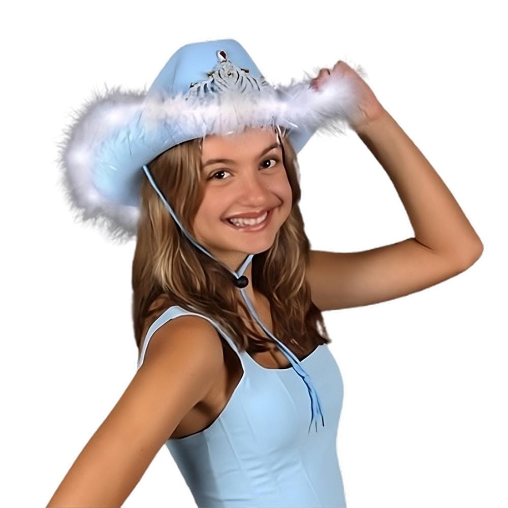Royal Rodeo LED Velvet Pastel Blue Cowgirl Hat with Feather Brim and Tiara All Products Royal Rodeo LED Velvet Pastel Blue Cowgirl Hat with Feather Brim and Tiara All Products 3